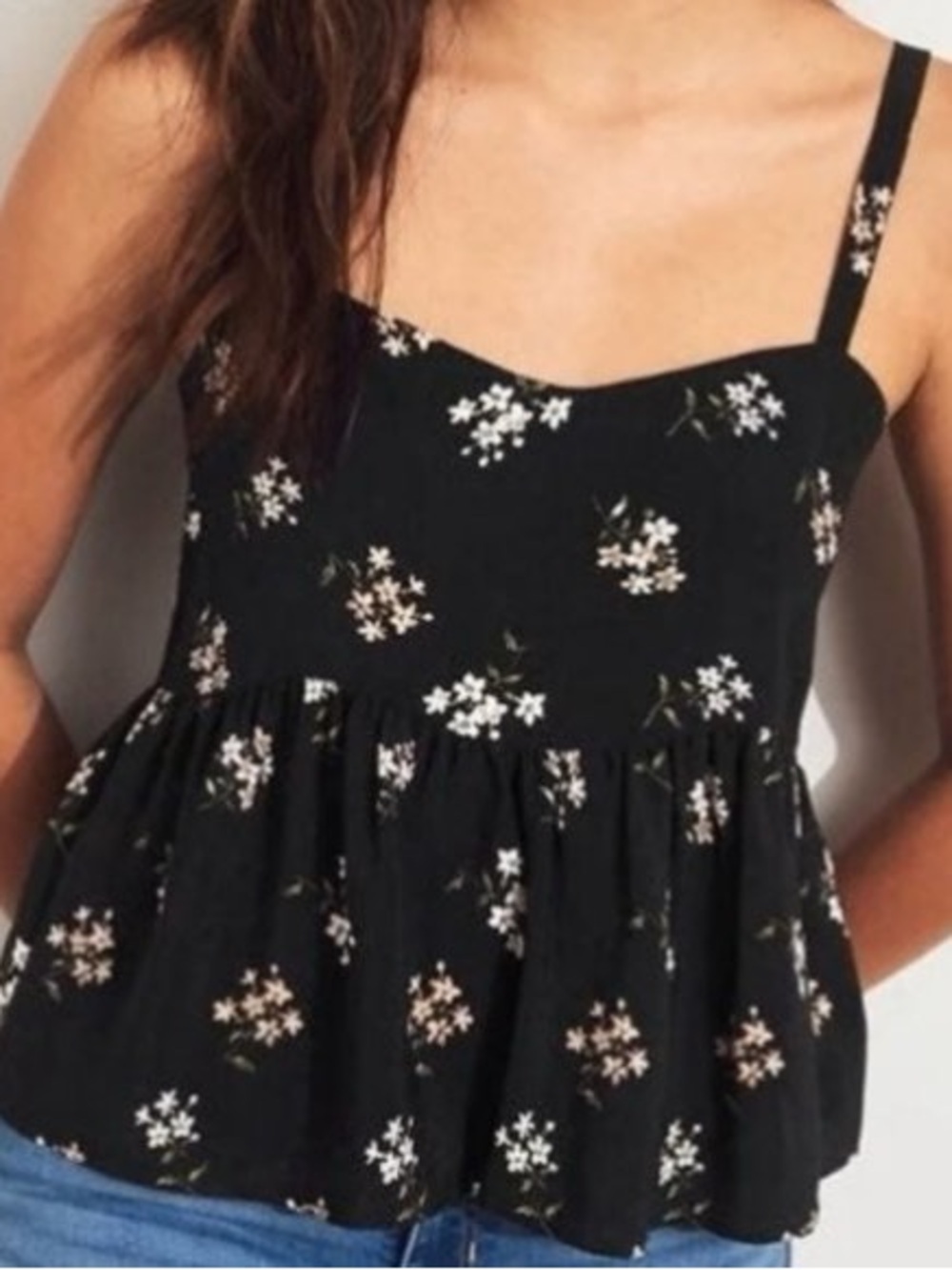 Hollister Black Floral Spaghetti Strap Peplum Cami